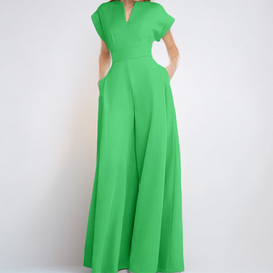 Damen Eleganter Jumpsuit mit Weitem Bein und Schalkragen EB