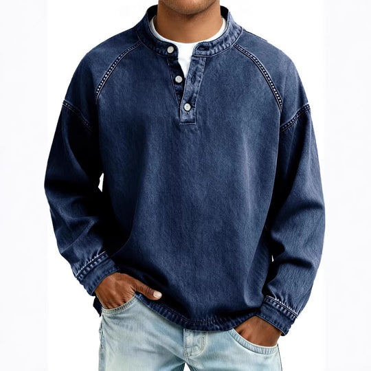 Herren nan verwaschenes Henley-Shirt mit Stehkragen, lockerer Passform und Knopfleiste EB