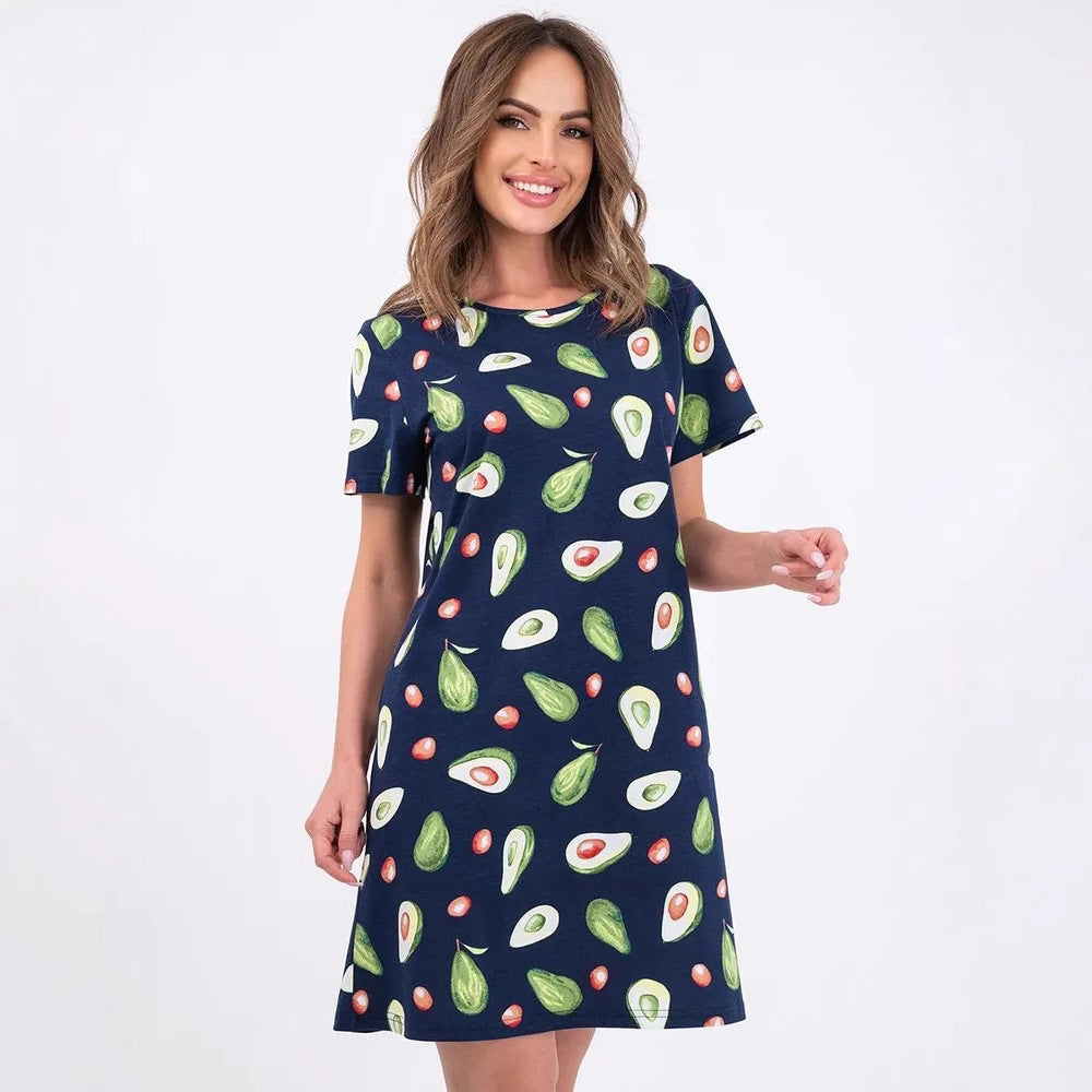 Damen lässiges Blumen-Minikleid aus atmungsaktiver Baumwolle mit Rundhalsausschnitt EB