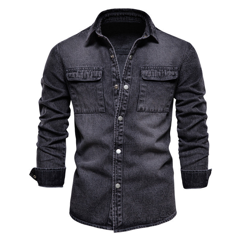 Herren nan lässiges Jeans-Overshirt mit Druckknopfleiste, aufgesetzten Brusttaschen und klassischem Hemdkragen EB