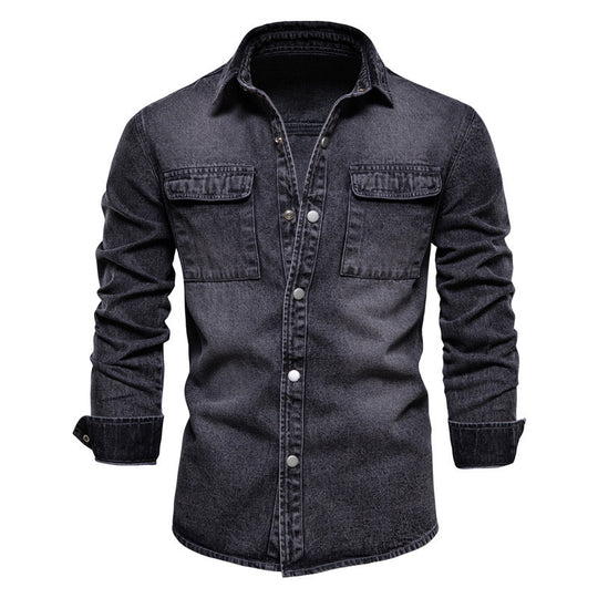 Herren nan lässiges Jeans-Overshirt mit Druckknopfleiste, aufgesetzten Brusttaschen und klassischem Hemdkragen EB