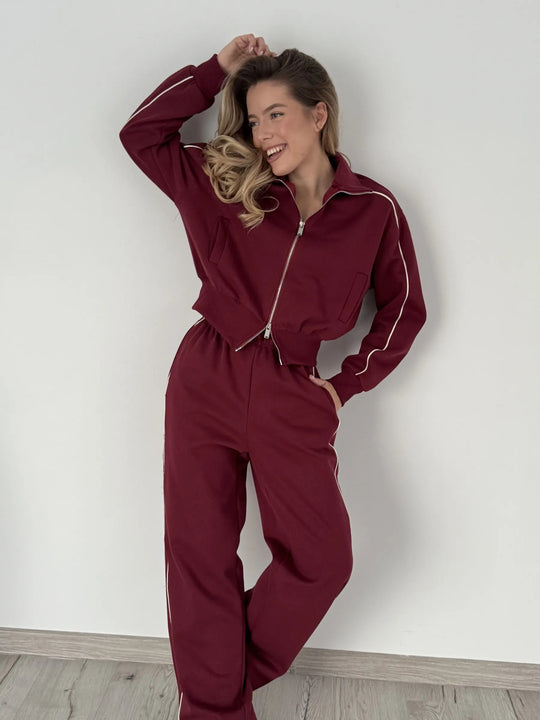 Damen Weiches Baumwoll-Mix Jogging-Set mit Stehkragen, Tunnelzugtaillen und seitlichen Kontraststreifen EB