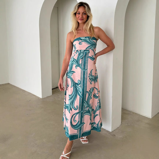 Damen Bandeau Maxikleid mit elegantem floralem Druck und fließendem Schnitt EB