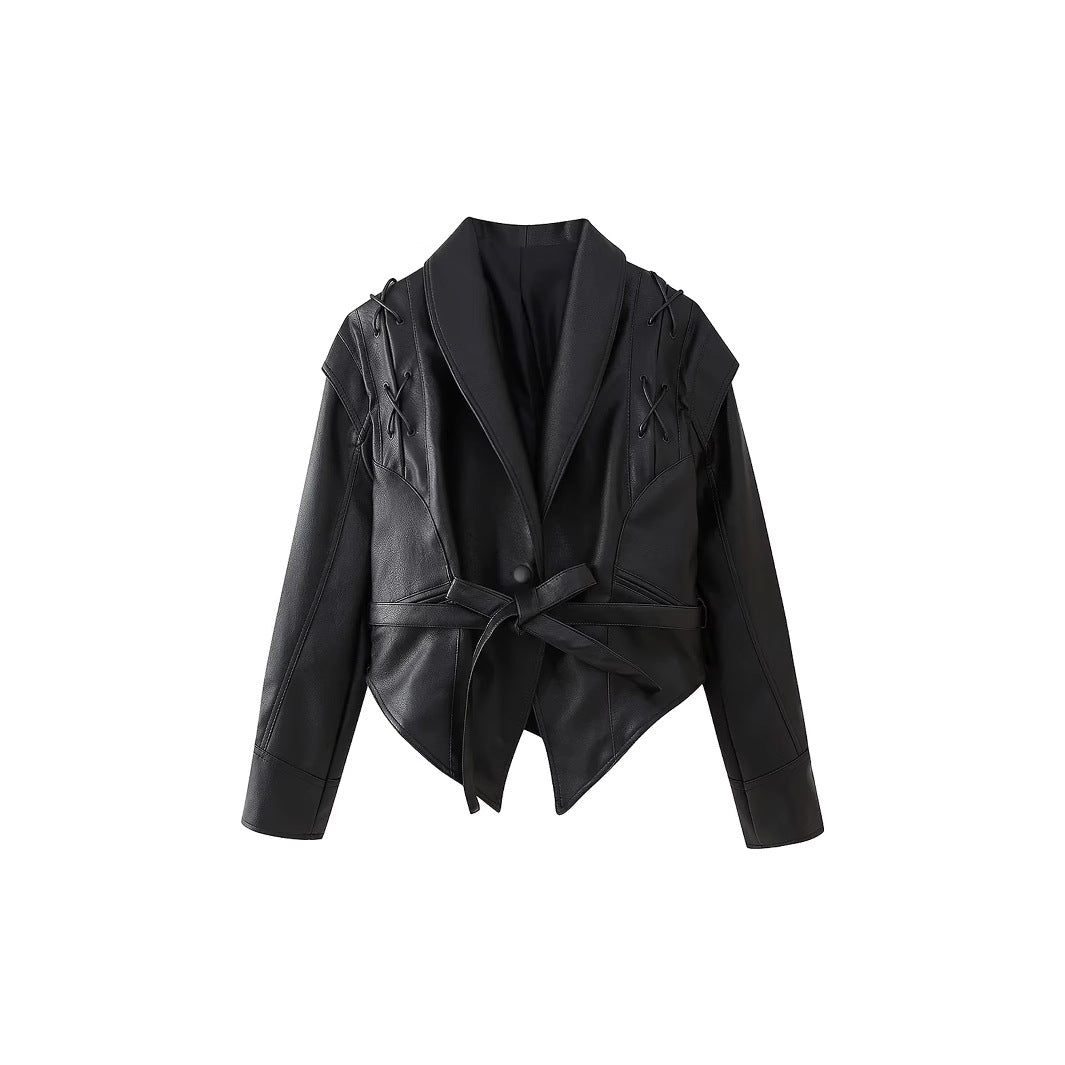 Damen modische Kunstlederjacke mit dekorativer Schnürung und zeitgemäßem Schnitt EB