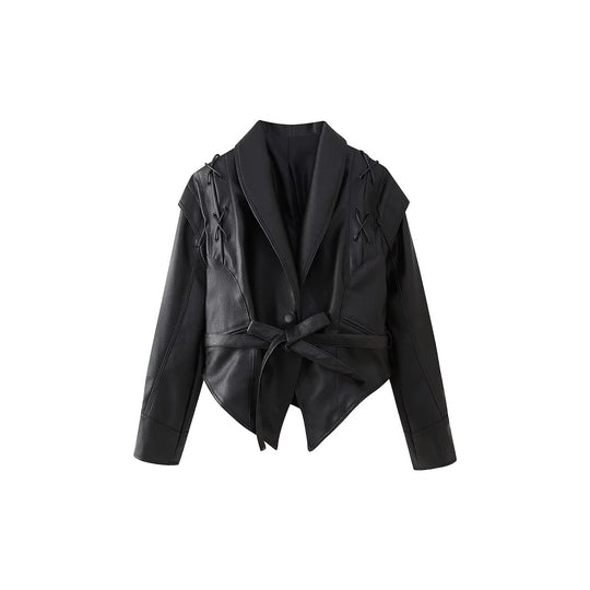 Damen modische Kunstlederjacke mit dekorativer Schnürung und zeitgemäßem Schnitt EB