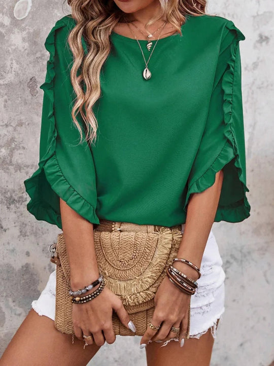 Damen Leichtes Rüschen‑Cape‑Top mit weitem Fledermausärmel EB