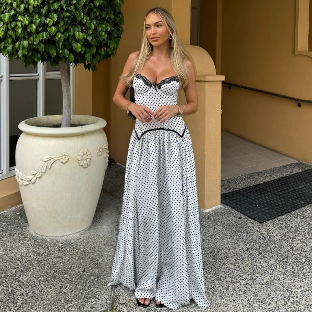 Damen Maxikleid mit gepunktetem Design und Spitzendetails EB