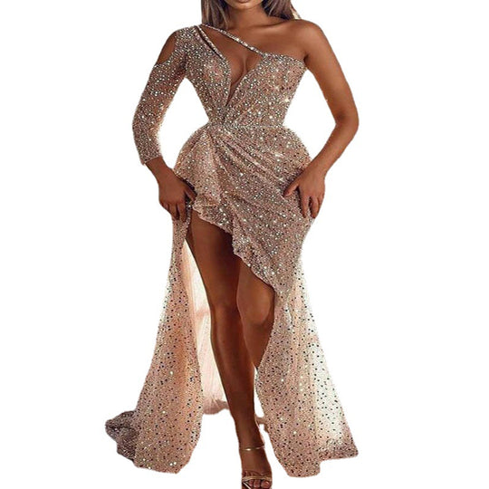 Damen Festliches Cocktailkleid mit glitzerndem Oberteil und asymmetrischem Design EB