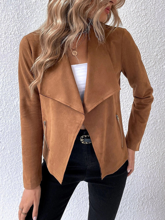 Damen elegante Veloursjacke mit asymmetrischem Revers und Reißverschlusstaschen EB