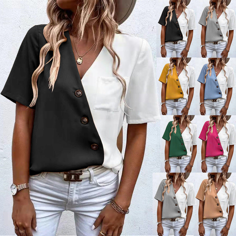 Damen Modisches Hemdblusenshirt mit asymmetrischen Farben und Knopfdetails EB