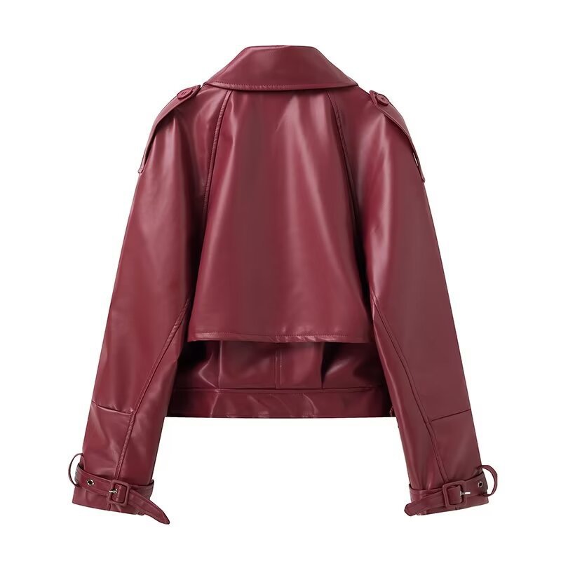 Damen cropped Kunstlederjacke mit Finish und asymmetrischem Kragen EB