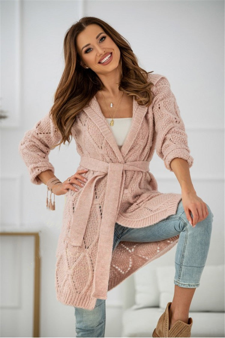 Damen Grobstrickmantel mit Taillengürtel und weitem Schnitt EB