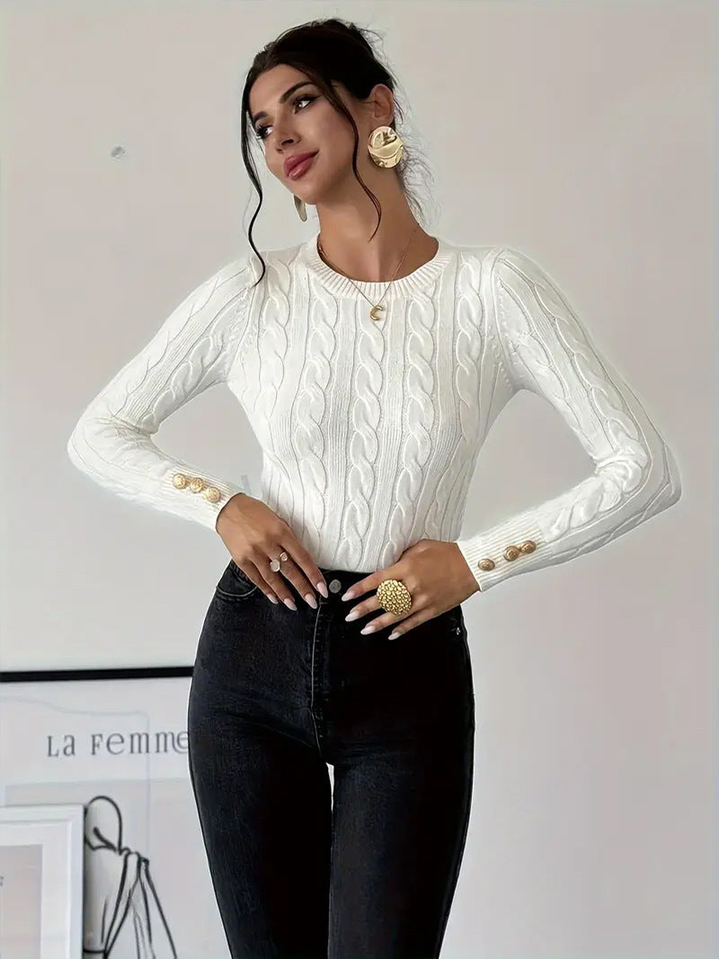 Damen Strickpullover mit Zopfmuster und Knopfdetails EB