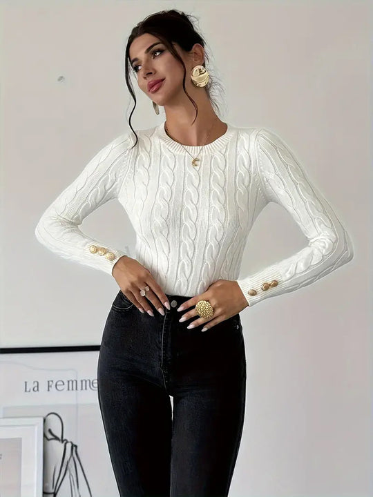 Damen Strickpullover mit Zopfmuster und Knopfdetails EB