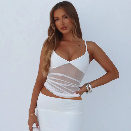 Damen Spaghetti-Träger Blusenoberteil mit transparenter Drapierung EB