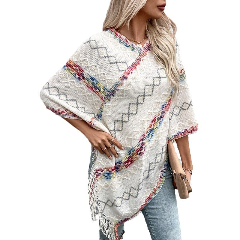 Damen modischer Wickelpullover mit fransigem Saum und einzigartigem Muster EB