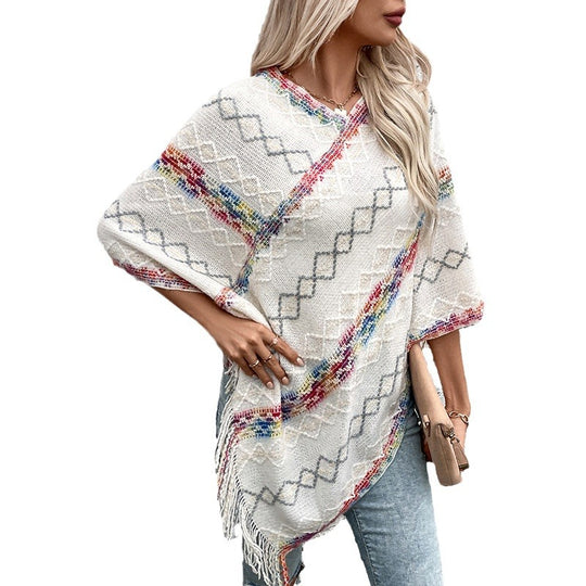 Damen modischer Wickelpullover mit fransigem Saum und einzigartigem Muster EB