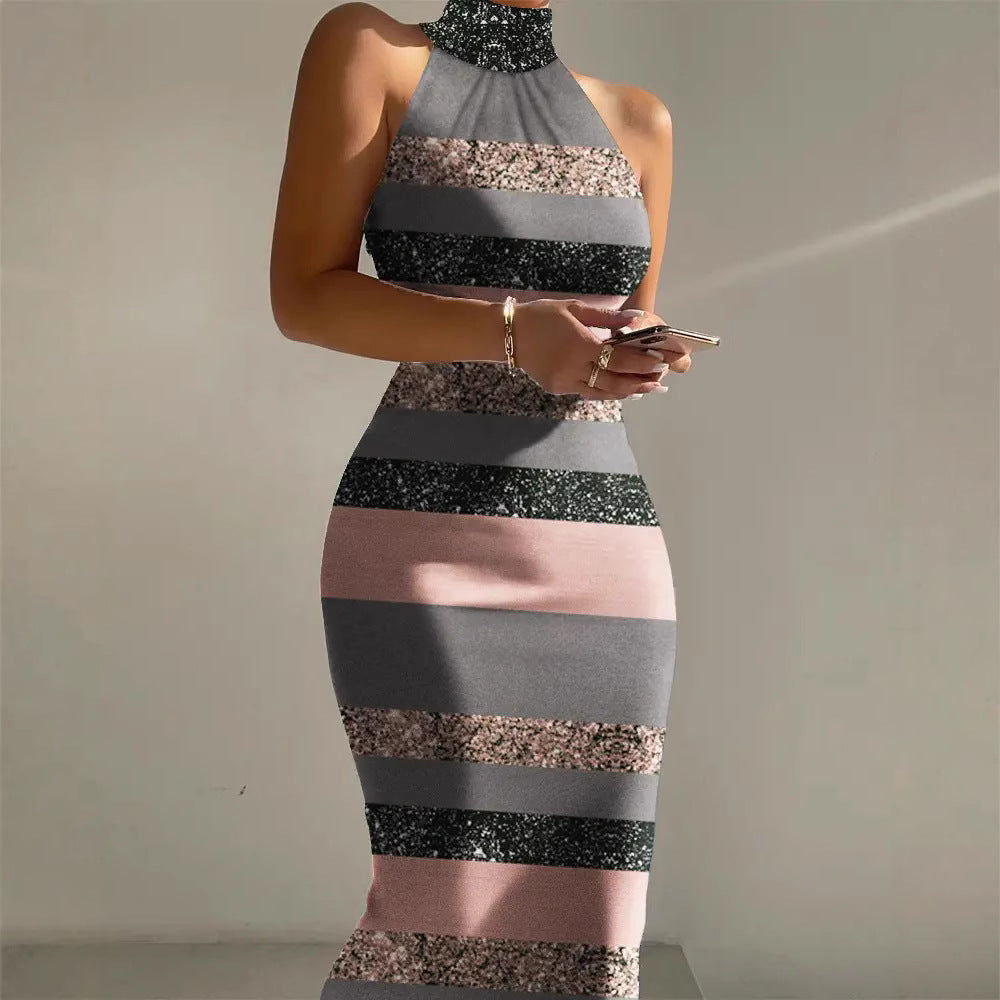 Damen Figurschmeichelndes Maxikleid mit hochgeschlossenem Ausschnitt und modernem Streifenmuster EB