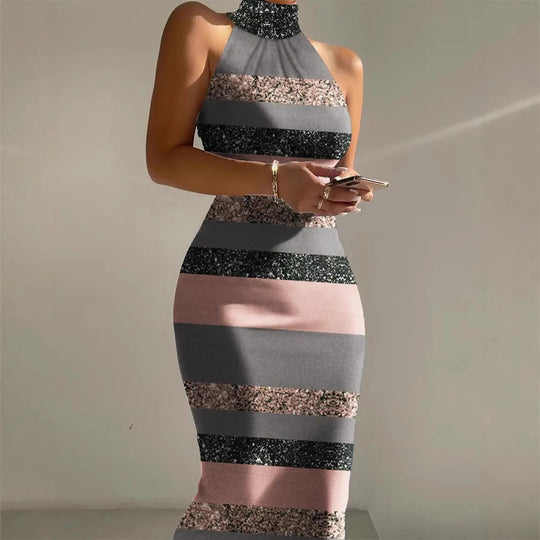 Damen Figurschmeichelndes Maxikleid mit hochgeschlossenem Ausschnitt und modernem Streifenmuster EB