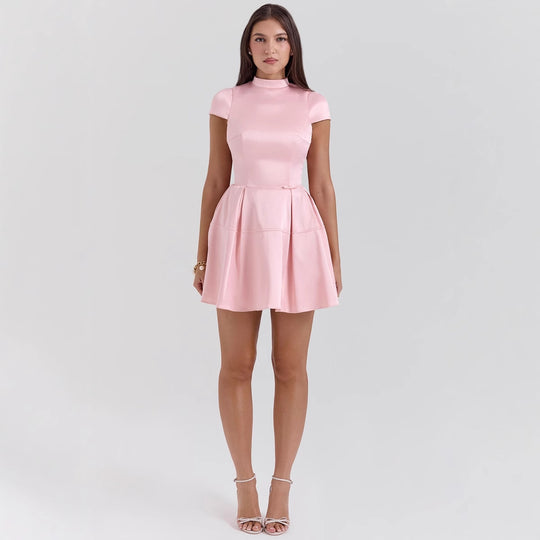 Damen Kurzarm Kleid mit schickem Kragen und fließendem Rock EB