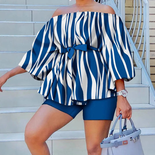 Damen Off-Shoulder Tunika mit weiten Ärmeln und elastischem Taillenband EB