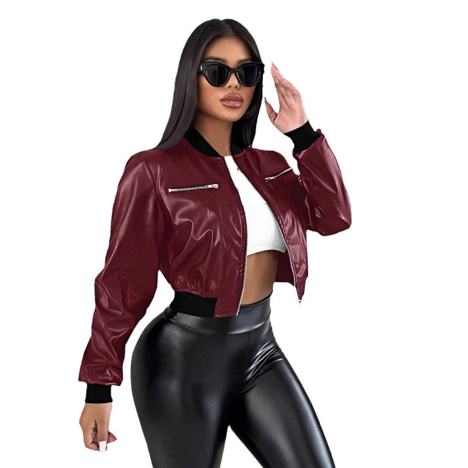 Damen cropped Kunstlederjacke mit glänzendem Finish und dekorativen Reißverschlüssen EB