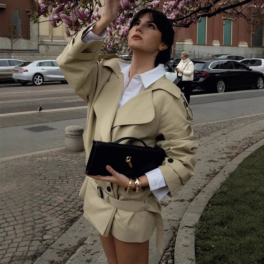 Damen modische Trenchcoat-Jacke mit taillierbarem Gürtel und elegantem Schnitt EB