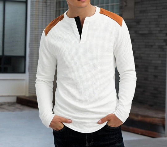 Herren nan strukturiertes Henley-Langarmshirt mit Stehkragen, Schulterpaspel und Waffelstruktur EB