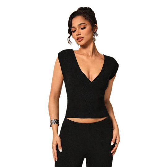 Damen elegantes Oberteil mit tiefem V-Ausschnitt und strukturierter Rippstruktur EB