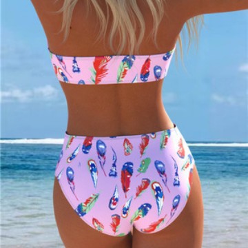 Damen Bandeau-Bikini mit einzigartigem Federmuster und hohem Taillenschnitt EB