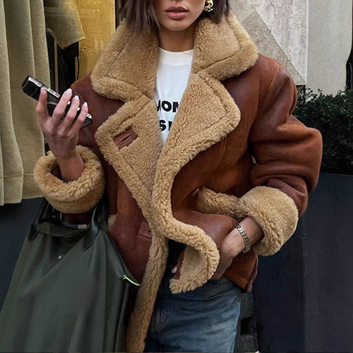 Damen Lässige und modische Teddyjacke mit großem Kragen und weich gefüttertem Innenleben EB
