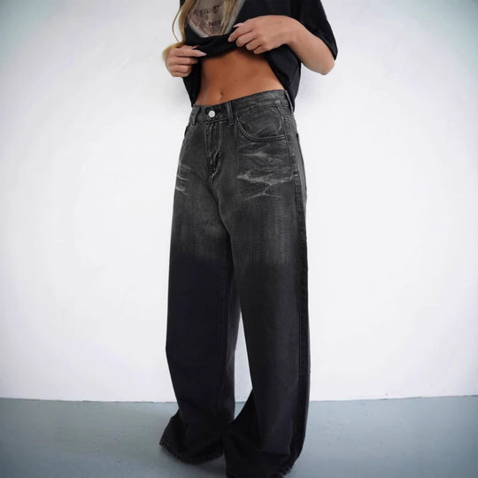 Damen Weit geschnittene Jeans mit modischem High-Waist Design und einzigartiger Waschung EB