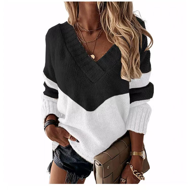 Damen Strickpullover mit V-Ausschnitt und trendigen Farbblockmustern EB