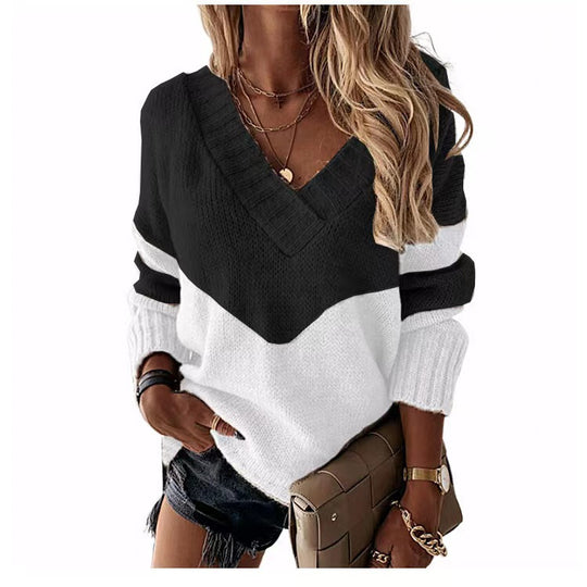 Damen Strickpullover mit V-Ausschnitt und trendigen Farbblockmustern EB