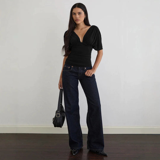 Damen Elegantes Oberteil mit tiefem V-Ausschnitt und lässigem Drapierungsdesign EB