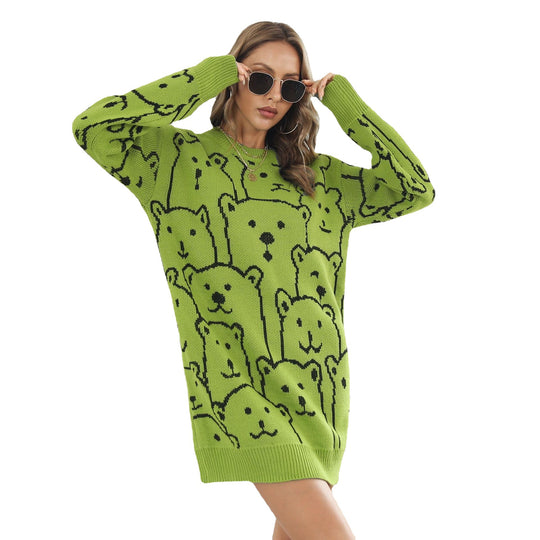 Damen Oversized Pullover mit fröhlichem Bärenmotiv EB