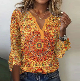 Damen Langarm-Bluse mit ornamentalem Mandala-Print und V-Ausschnitt EB