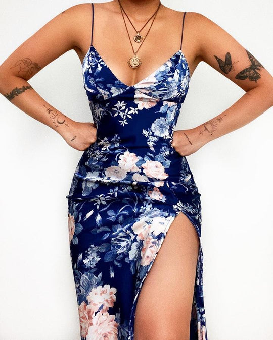 Damen Maxikleid mit tiefem V-Ausschnitt und elegantem Schlitz EB
