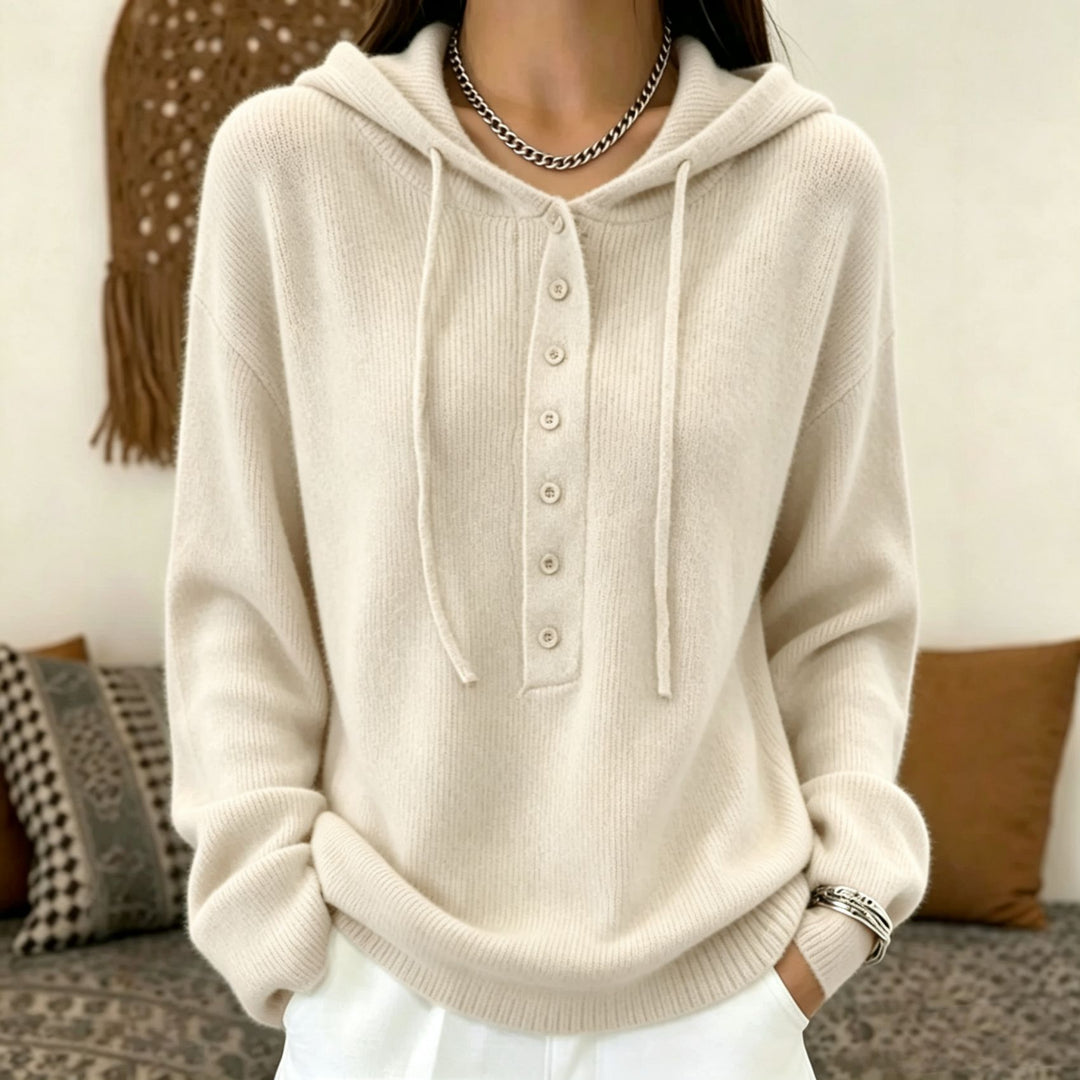 Damen Kapuzenpullover aus weichem Feinstrick mit Knopfleiste und relaxed Fit EB