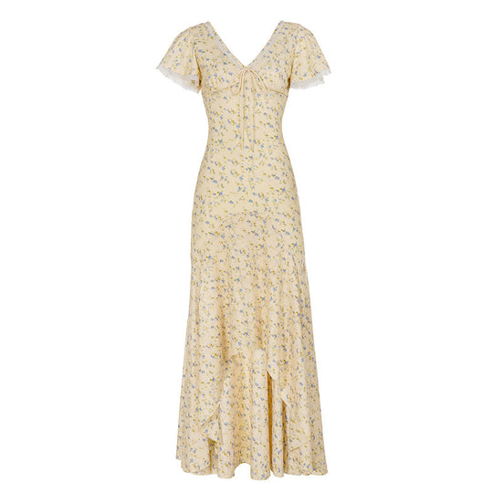 Damen Maxikleid mit romantischem Blumenmuster und verspieltem V-Ausschnitt EB