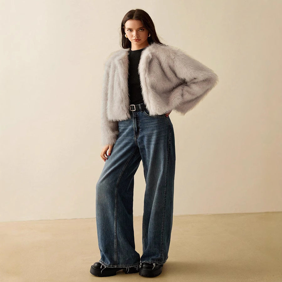 Damen extravagante Kurzarm-Felljacke mit voluminösen Ärmeln EB
