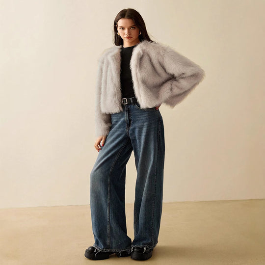 Damen extravagante Kurzarm-Felljacke mit voluminösen Ärmeln EB
