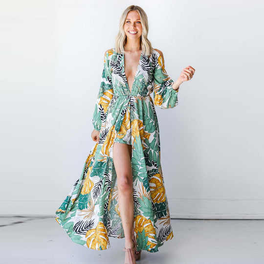 Damen Maxi-Kaftan mit floralem Muster und tiefem Ausschnitt EB
