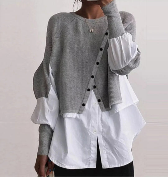 Damen modische Strickjacke mit geknöpften Details und Blusenüberwurf EB