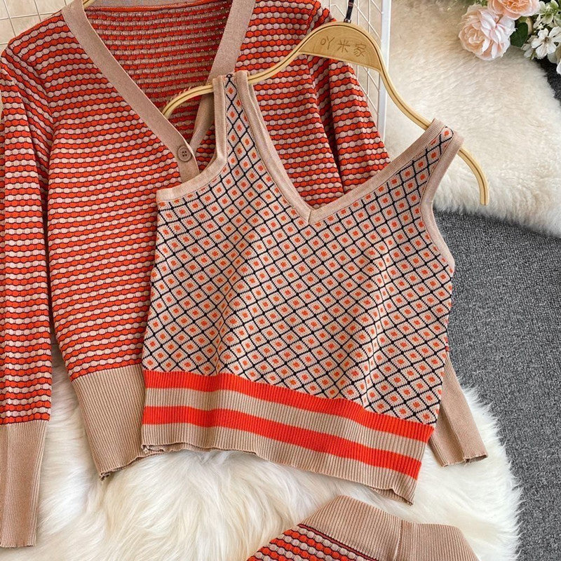 Damen Stylisches Strick-Loungewear-Set mit Tiefem V-Ausschnitt und Weit Geschnittenen Hosen EB