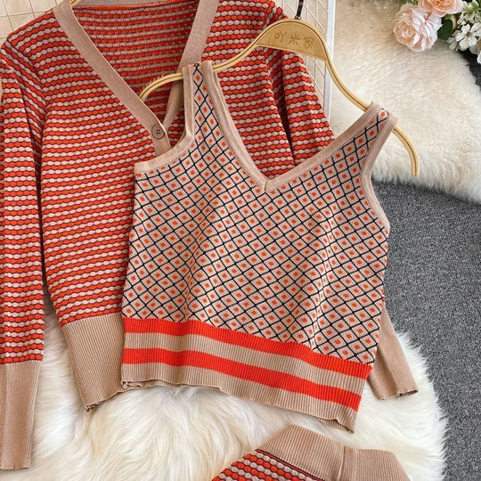 Damen Stylisches Strick-Loungewear-Set mit Tiefem V-Ausschnitt und Weit Geschnittenen Hosen EB
