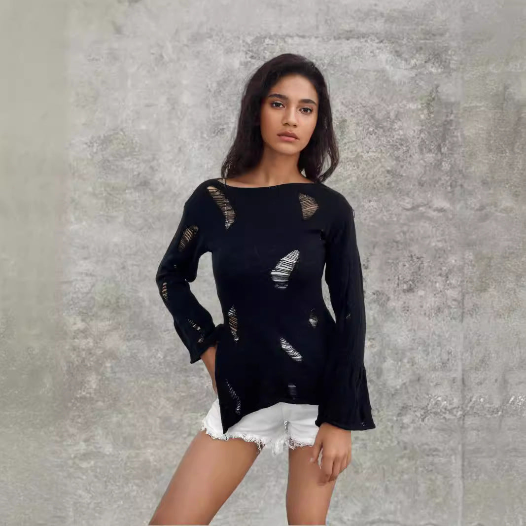 Damen lockerer Strickpullover mit modischen Auschnitten und weitem Schnitt EB
