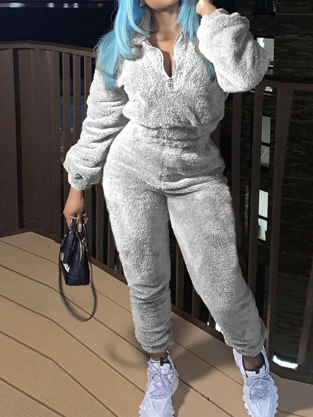 Damen nan kuscheliges Teddy-Lounge-Set mit Halbzip und Highwaist-Jogger EB