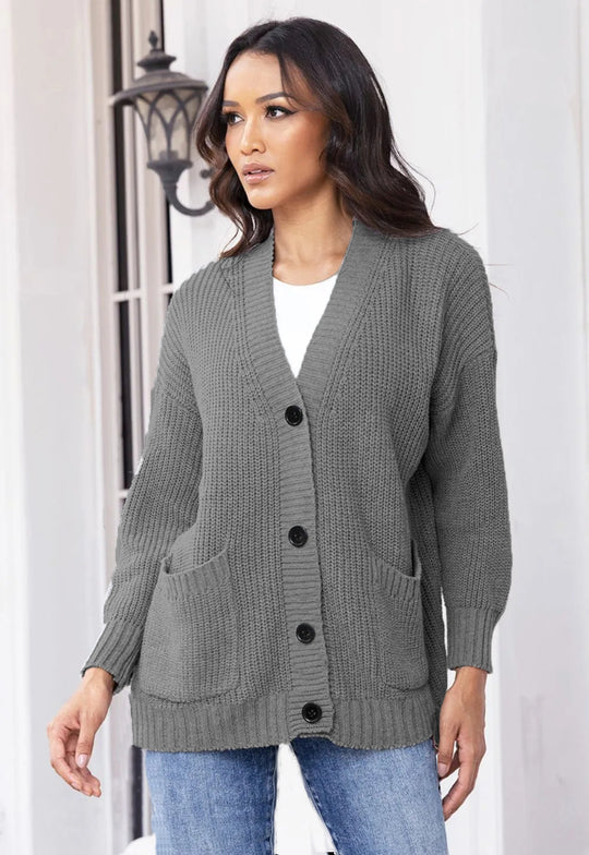 Damen Strickjacke mit modernen Taschen und geripptem Design EB