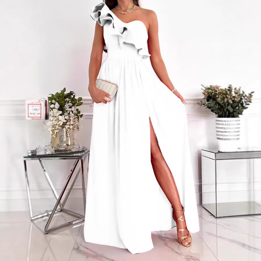 Damen Maxikleid mit asymmetrischem Schnitt und voluminösem Rüschendetail EB